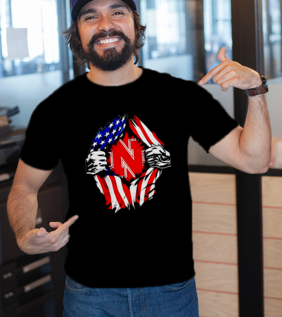 Nebraska Cornhuskers N Logo Ripped American Flag T-Shirt