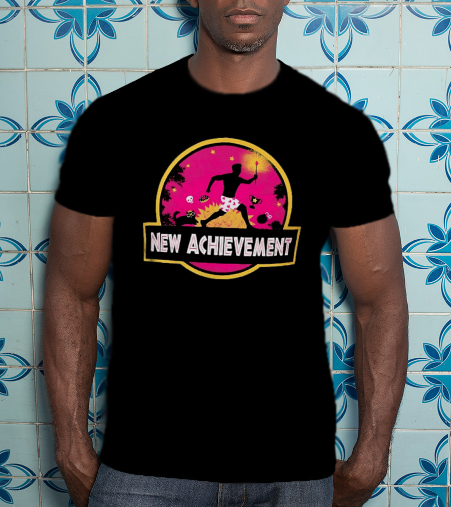 New Achievement Gaming Gamer Video Game Silhouette With Cat And Trophy T-Shirt