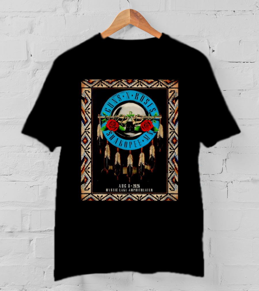 Guns N' Roses Shakopee MN August 8 2026 Mystic Lake Amphitheater Beaded Border Feathers Roses T-Shirt