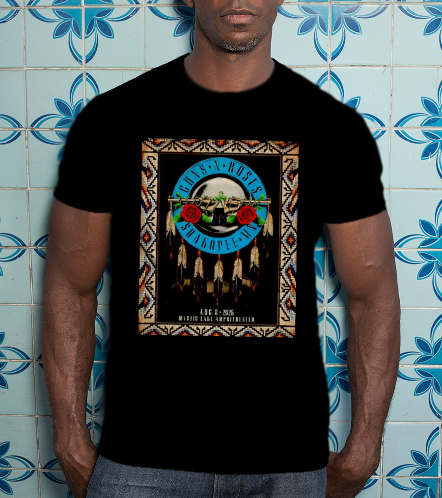 Guns N' Roses Shakopee MN August 8 2026 Mystic Lake Amphitheater Beaded Border Feathers Roses T-Shirt