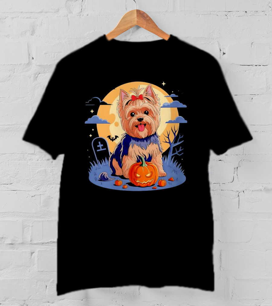 Yorkshire Terrier With Pumpkin On Spooky Halloween Night T-Shirt
