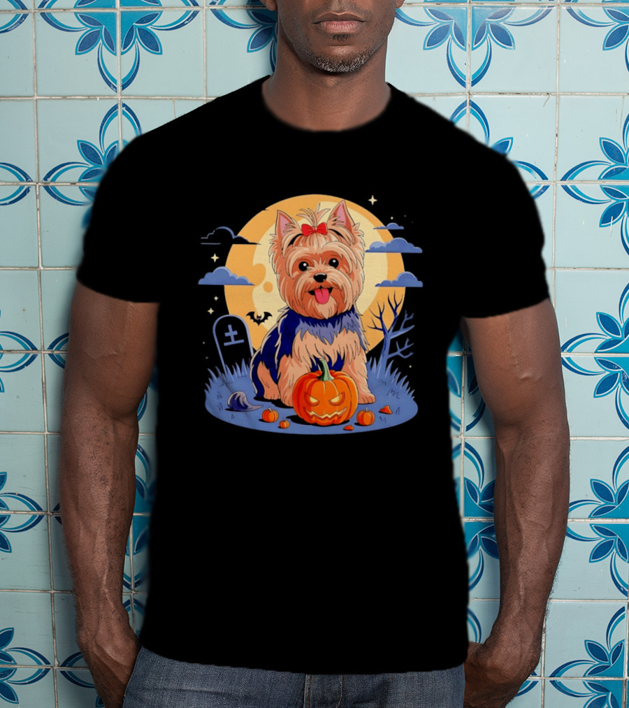 Yorkshire Terrier With Pumpkin On Spooky Halloween Night T-Shirt