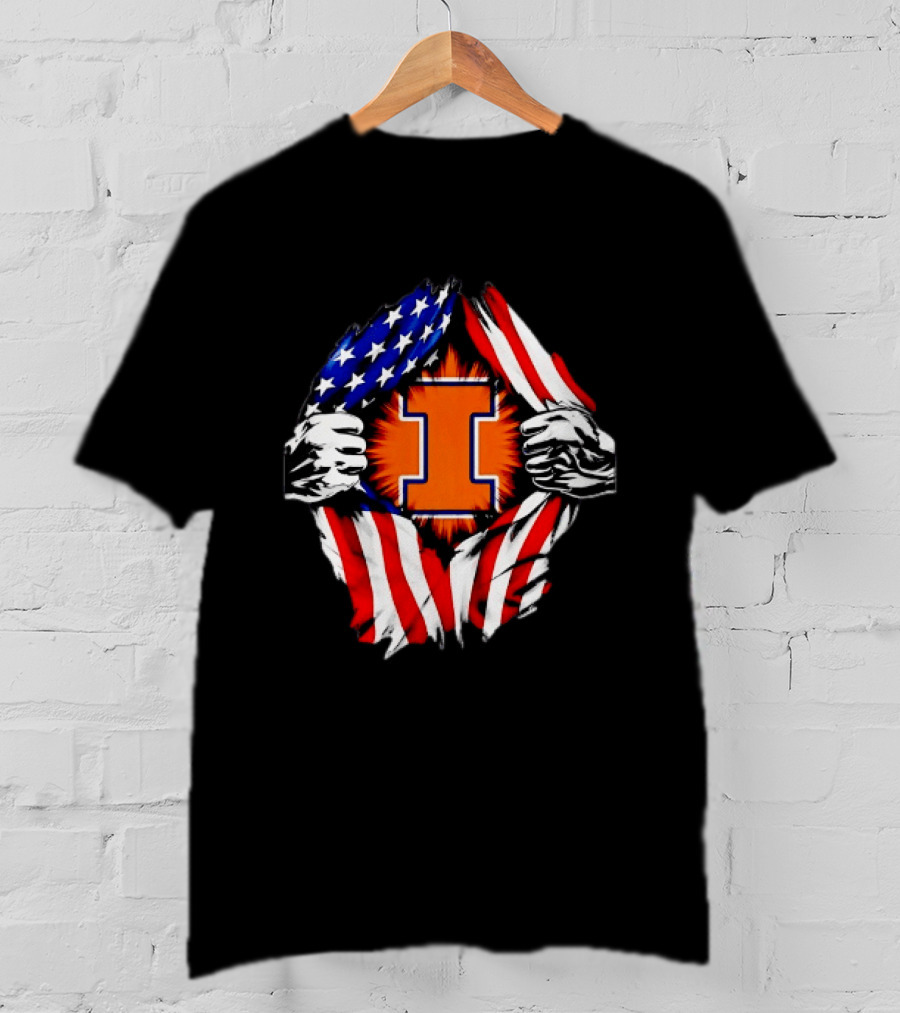Illinois Fighting Illini I Letter American Flag Patriotic Rip T-Shirt