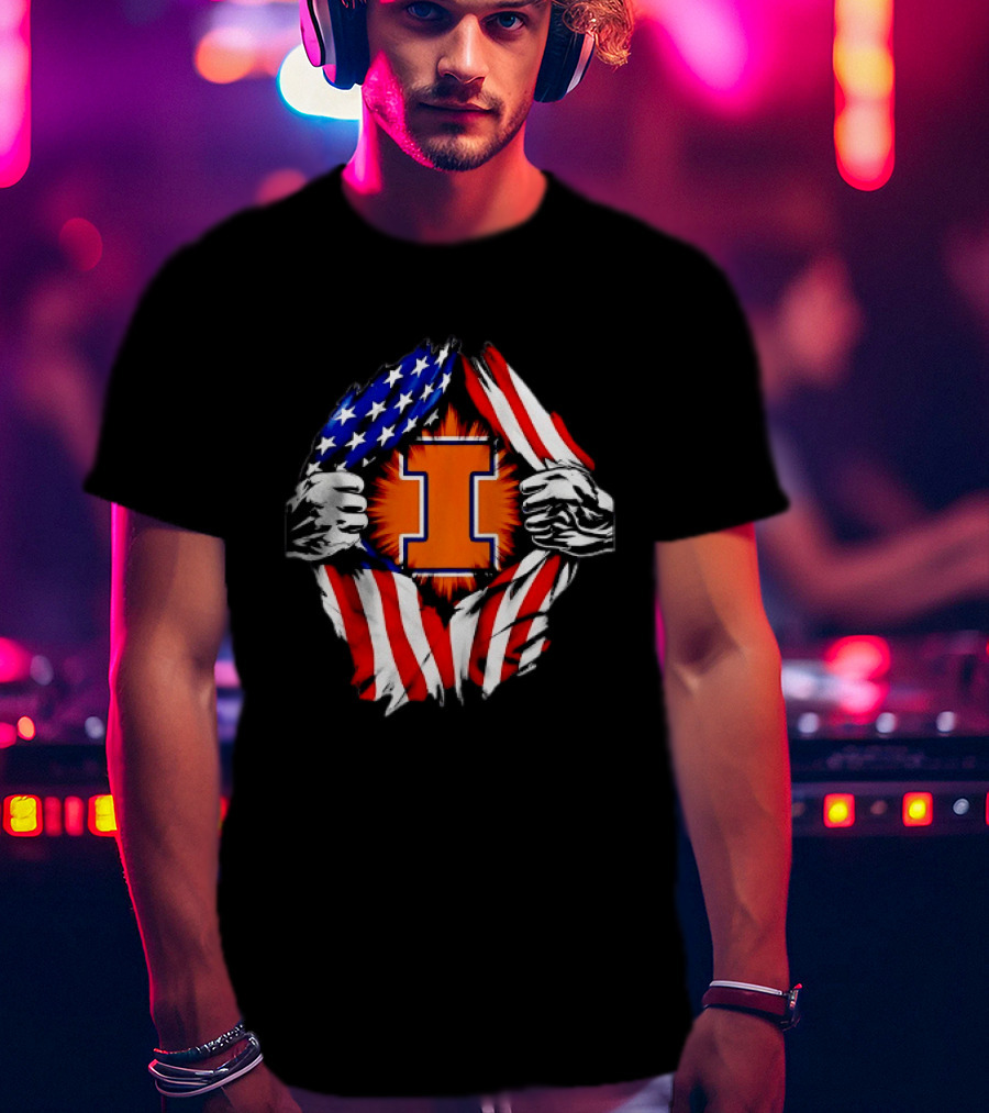 Illinois Fighting Illini I Letter American Flag Patriotic Rip T-Shirt