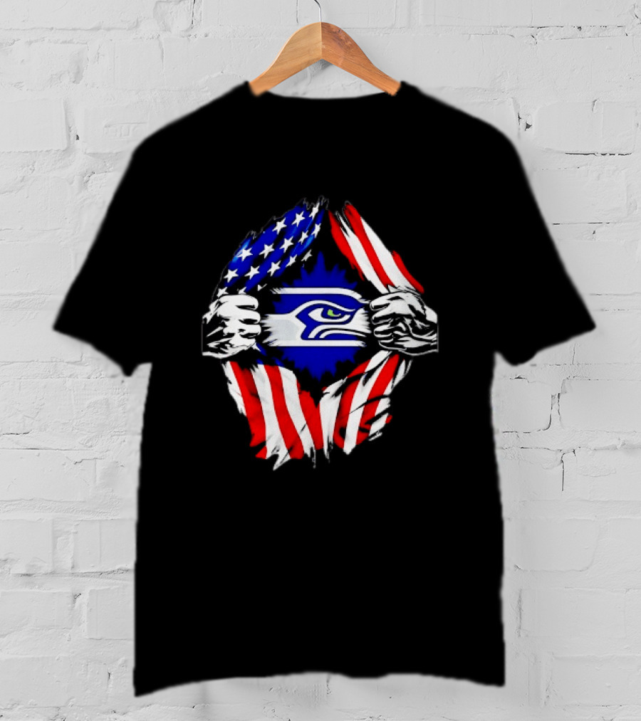 Seattle Seahawks American Flag Ripped Chest USA Fan Gear T-Shirt