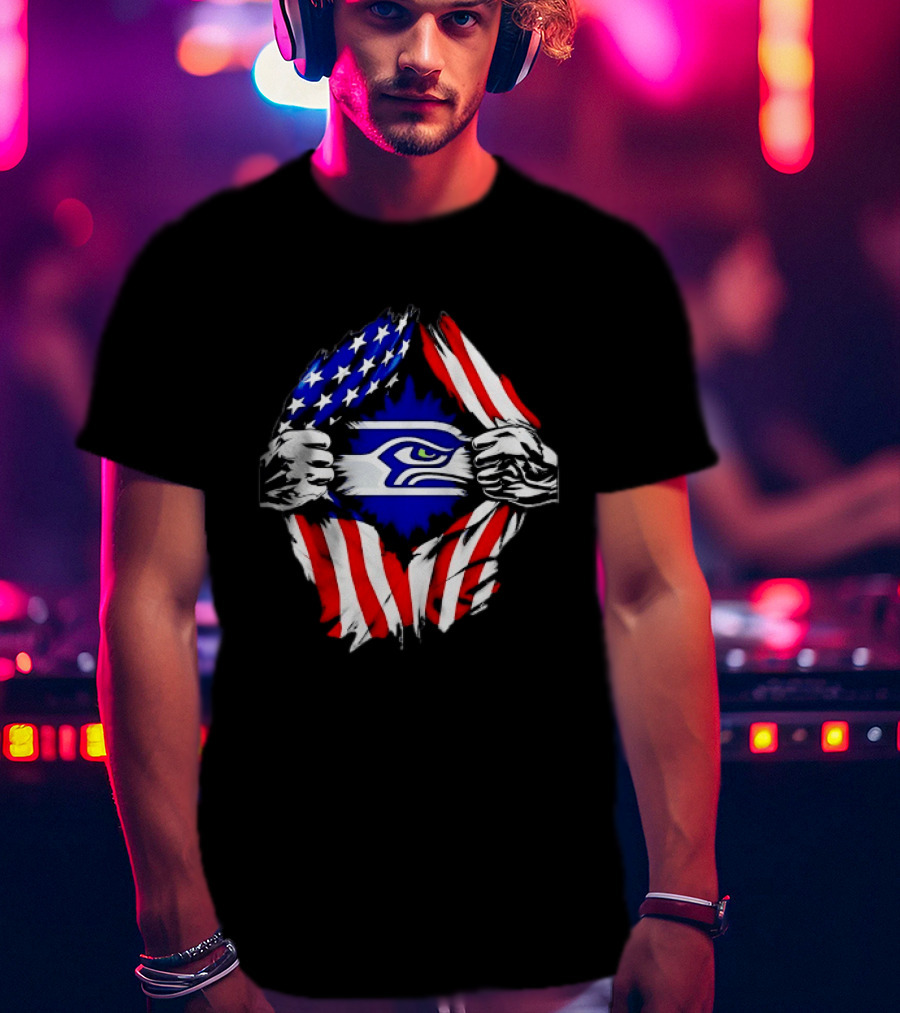 Seattle Seahawks American Flag Ripped Chest USA Fan Gear T-Shirt