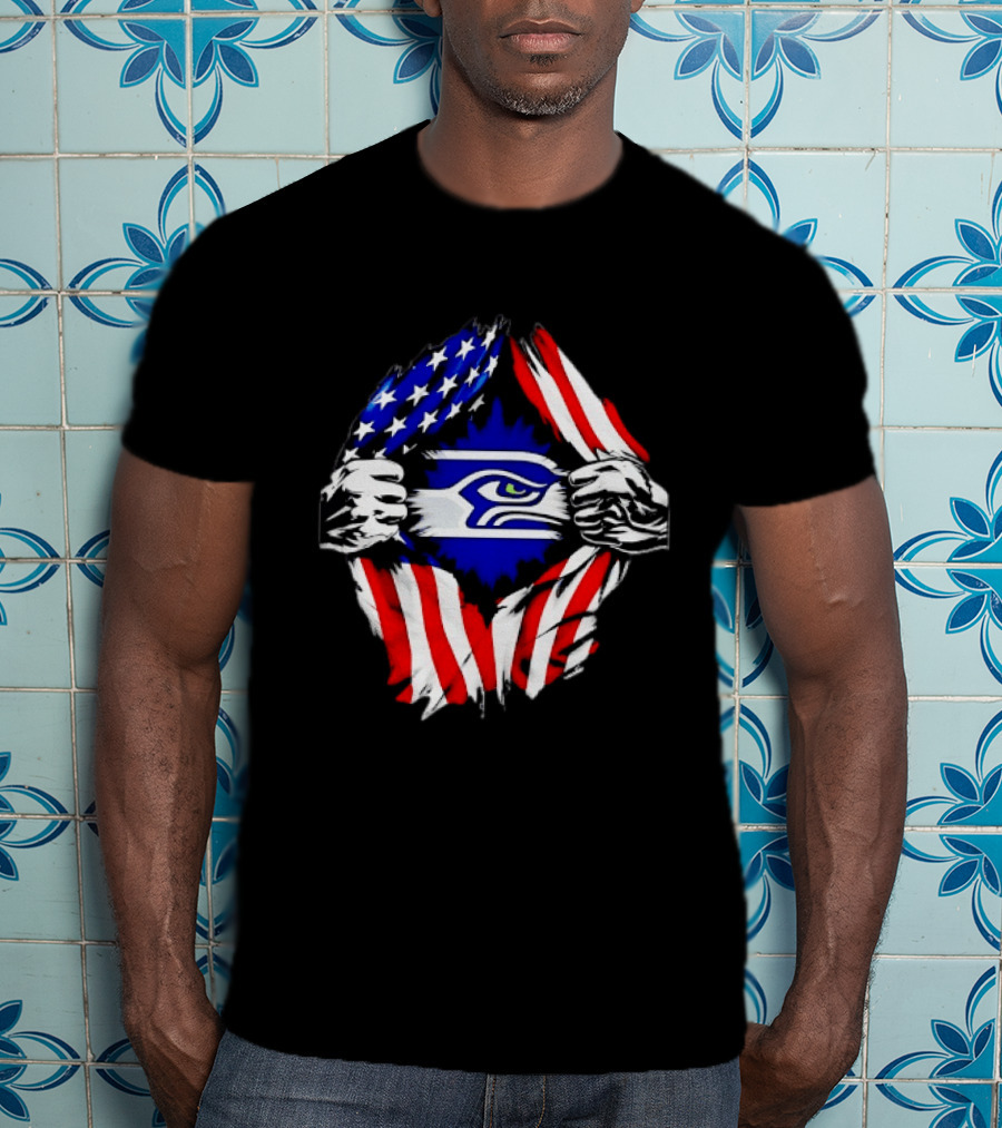 Seattle Seahawks American Flag Ripped Chest USA Fan Gear T-Shirt