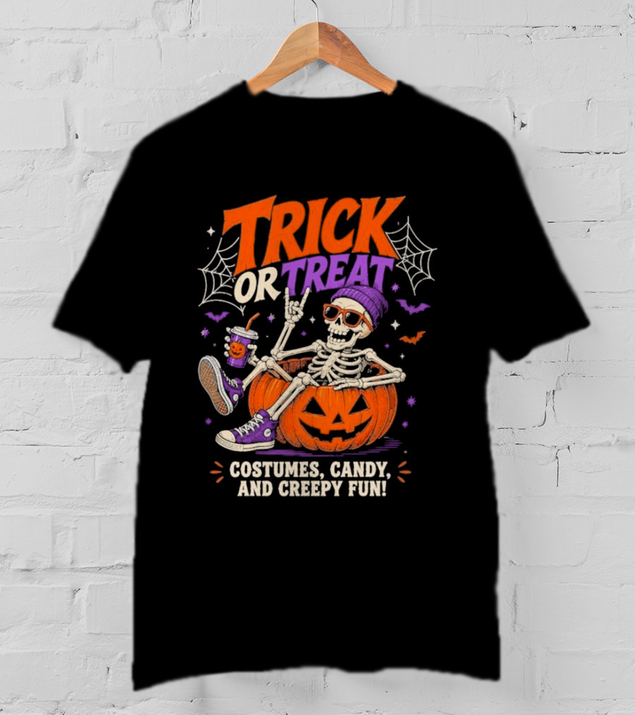 Skeleton Trick Or Treat Costumes Candy And Creepy Fun Halloween Party T-Shirt