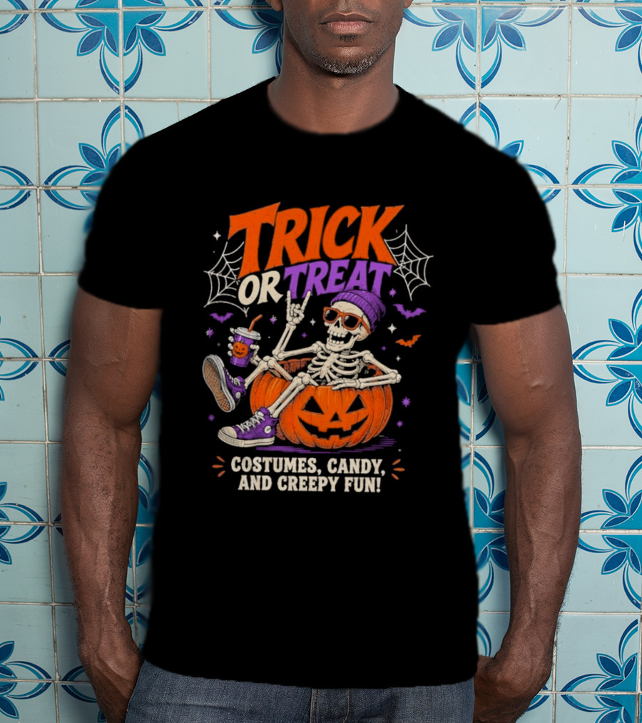 Skeleton Trick Or Treat Costumes Candy And Creepy Fun Halloween Party T-Shirt