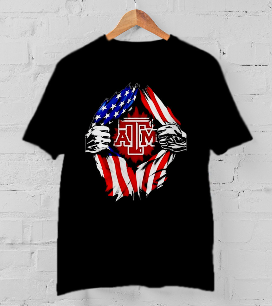 Texas A And M University Ripped Chest American Flag T-Shirt