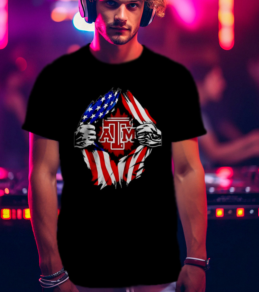 Texas A And M University Ripped Chest American Flag T-Shirt