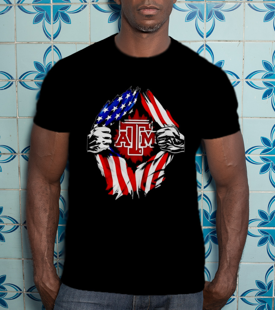Texas A And M University Ripped Chest American Flag T-Shirt
