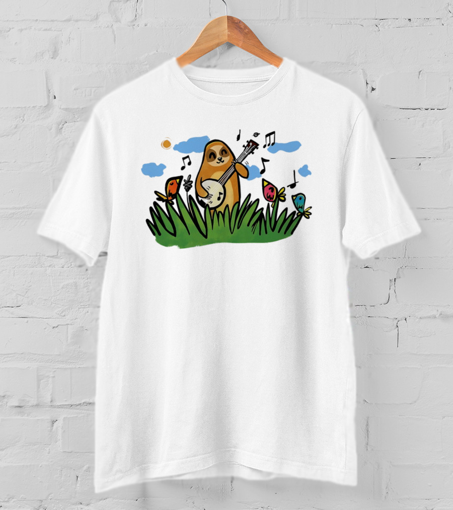 Sloth Happy Playing The Banjo With Singing Birds T-Shirt