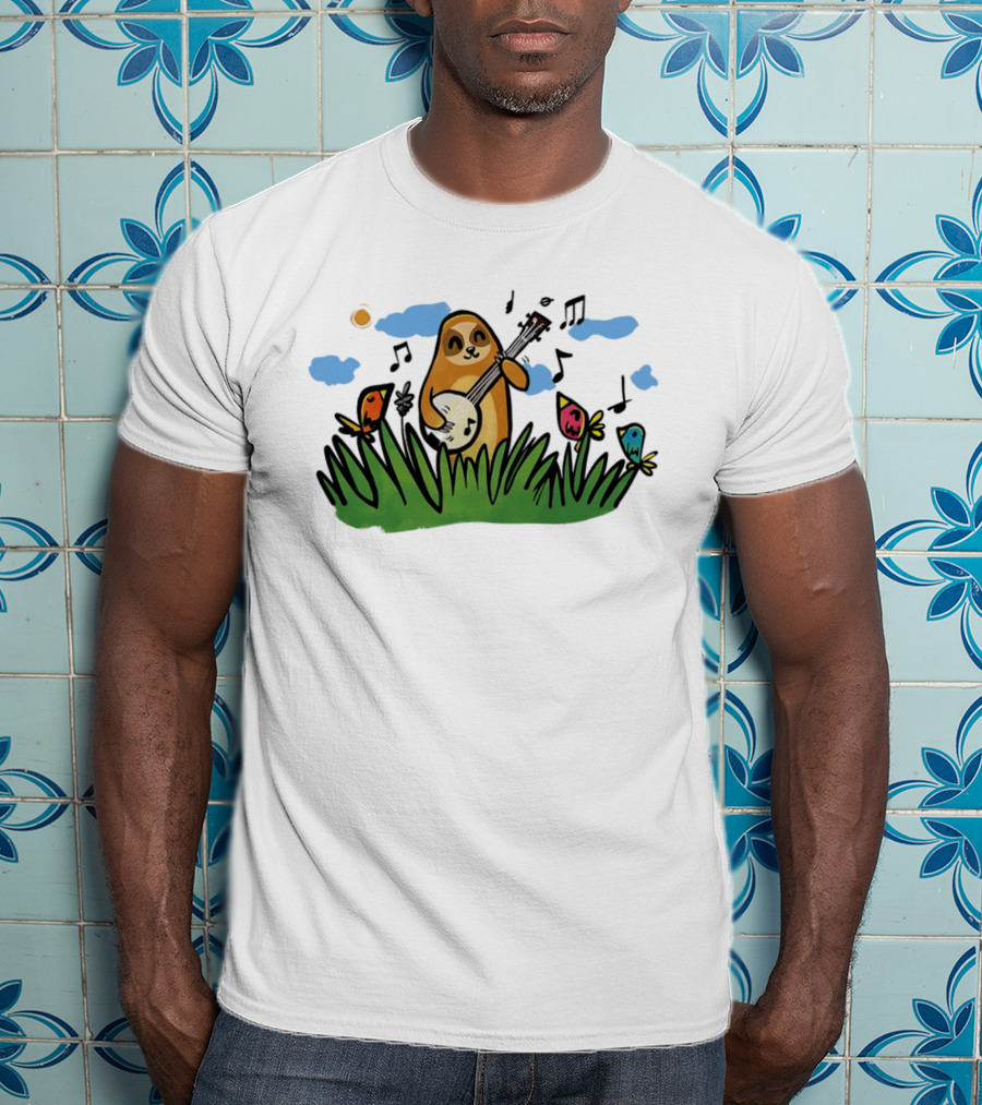 Sloth Happy Playing The Banjo With Singing Birds T-Shirt