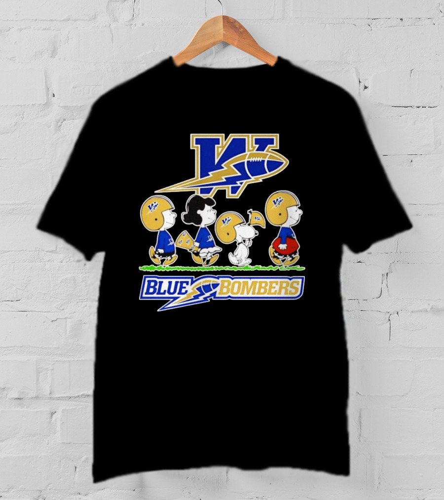 Peanuts Characters Winnipeg Blue Bombers CFL Collaboration Charlie Brown Snoopy Lucy Football Helmets T-Shirt