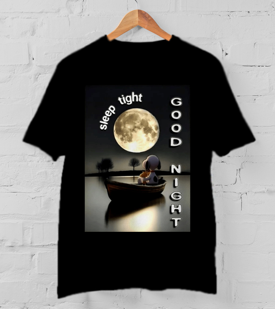 Sleep Tight Good Night Snoopy And Woodstock Moonlight Boat Scene T-Shirt