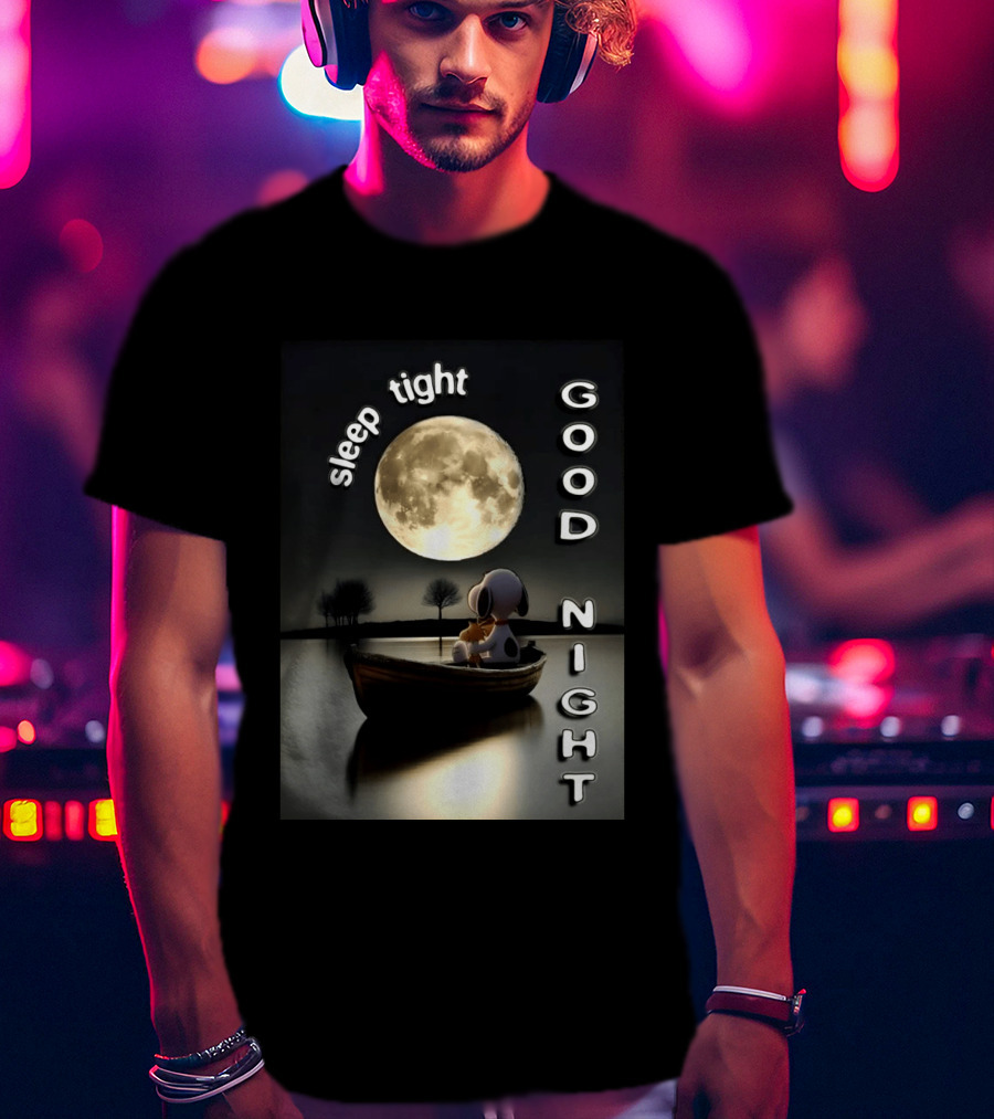 Sleep Tight Good Night Snoopy And Woodstock Moonlight Boat Scene T-Shirt