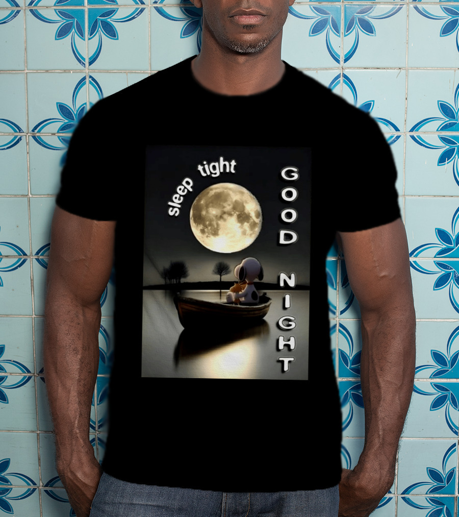 Sleep Tight Good Night Snoopy And Woodstock Moonlight Boat Scene T-Shirt