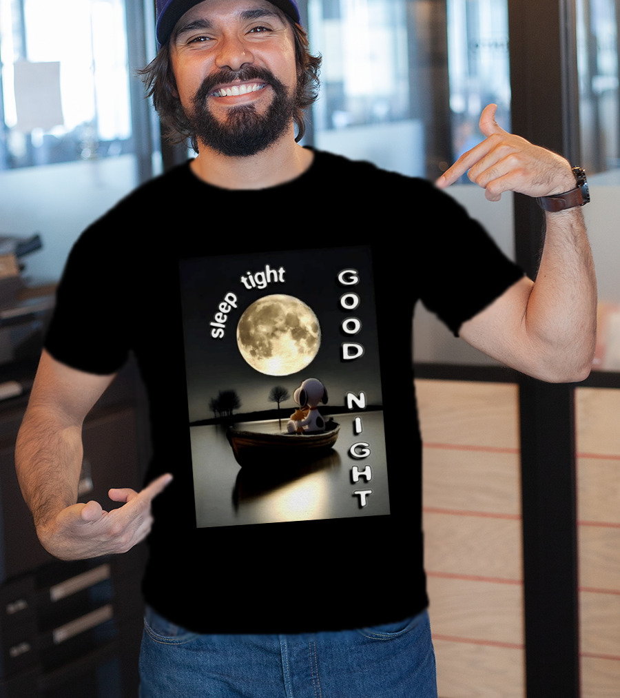 Sleep Tight Good Night Snoopy And Woodstock Moonlight Boat Scene T-Shirt