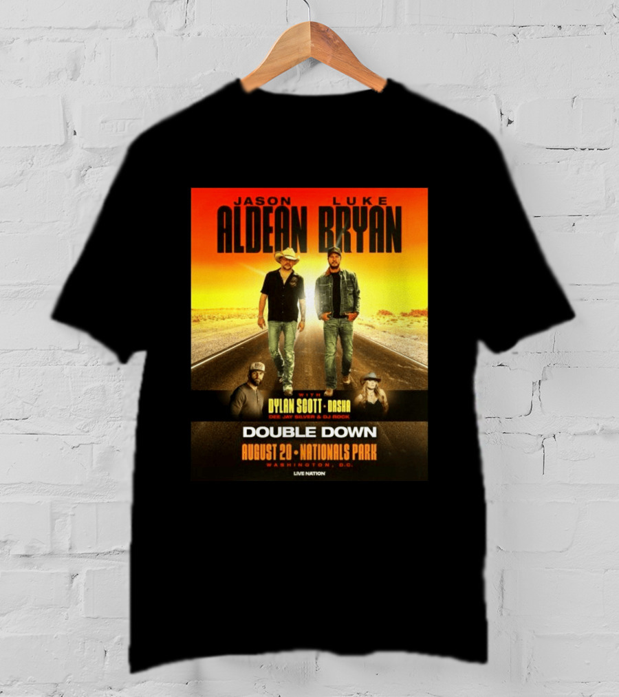 Jason Aldean Luke Bryan Double Down August 20 Nationals Park Washington D.C. With Dylan Scott Dasha Dee Jay Silver Dj Rock Live Nation T-Shirt