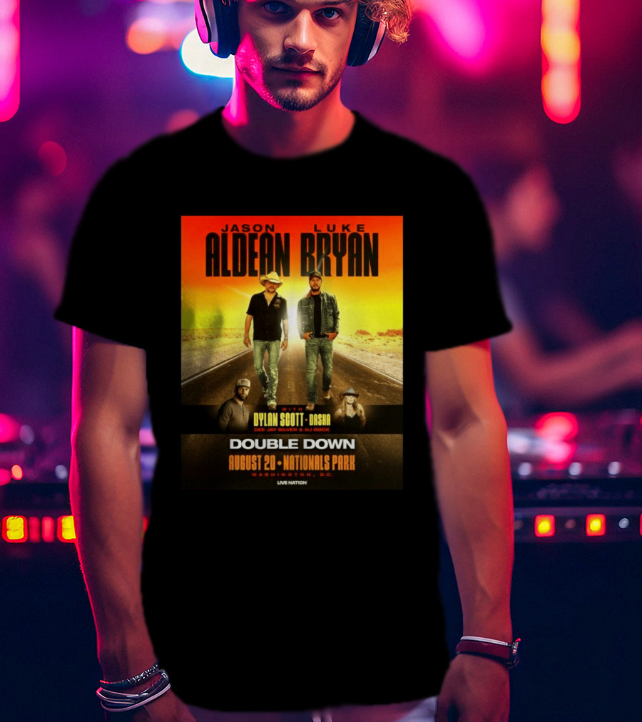 Jason Aldean Luke Bryan Double Down August 20 Nationals Park Washington D.C. With Dylan Scott Dasha Dee Jay Silver Dj Rock Live Nation T-Shirt