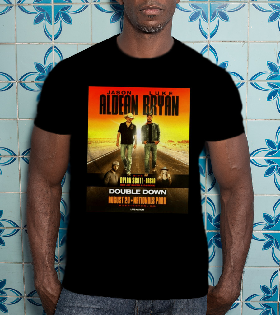 Jason Aldean Luke Bryan Double Down August 20 Nationals Park Washington D.C. With Dylan Scott Dasha Dee Jay Silver Dj Rock Live Nation T-Shirt