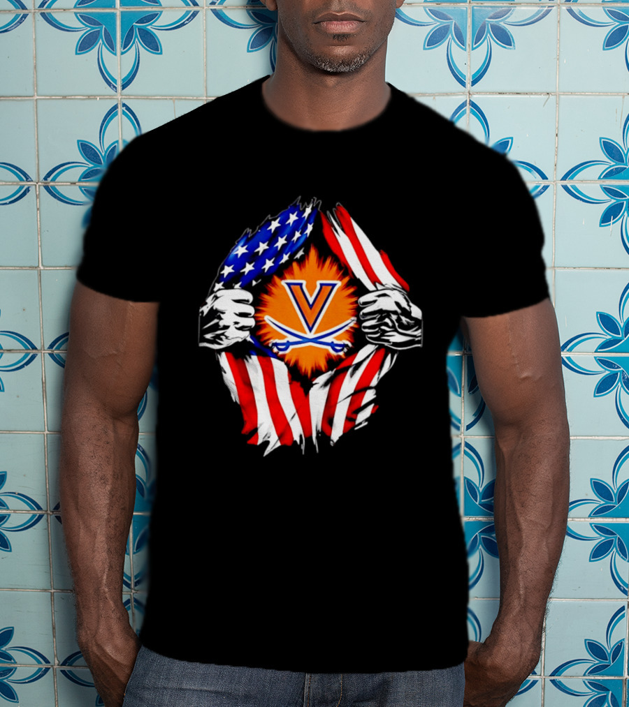 Virginia Cavaliers American Flag Ripped Chest V T-Shirt