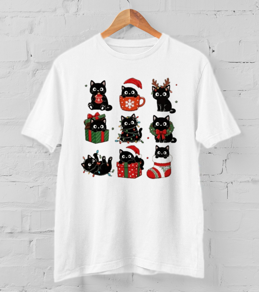 Black Cats Christmas Grid T-Shirt
