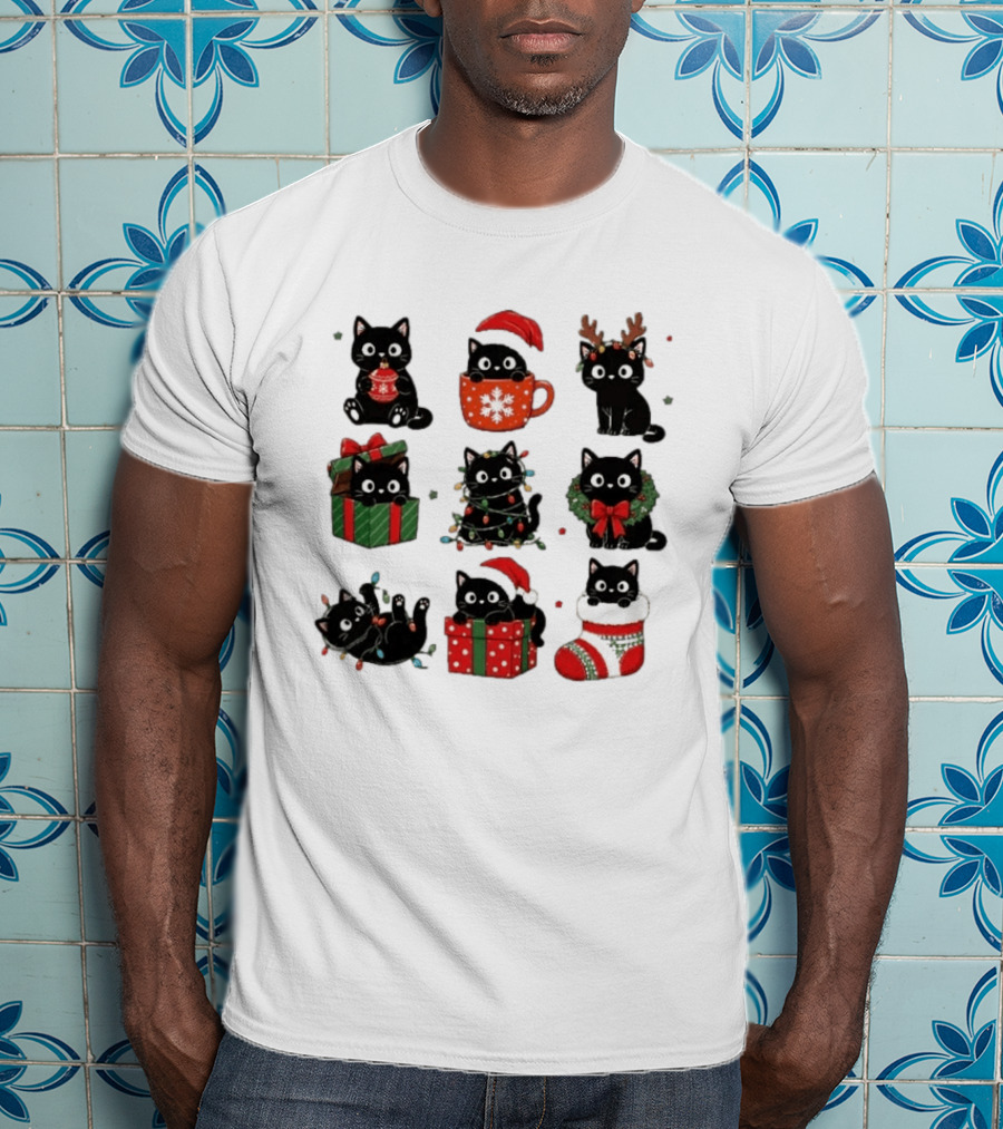 Black Cats Christmas Grid T-Shirt