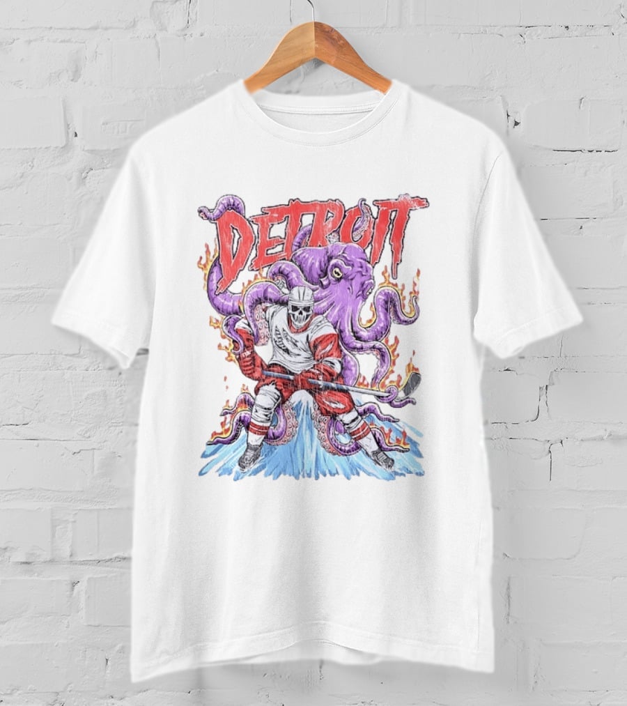 Detroit Red Wings Skeleton Hockey Octopus Distressed T-Shirt