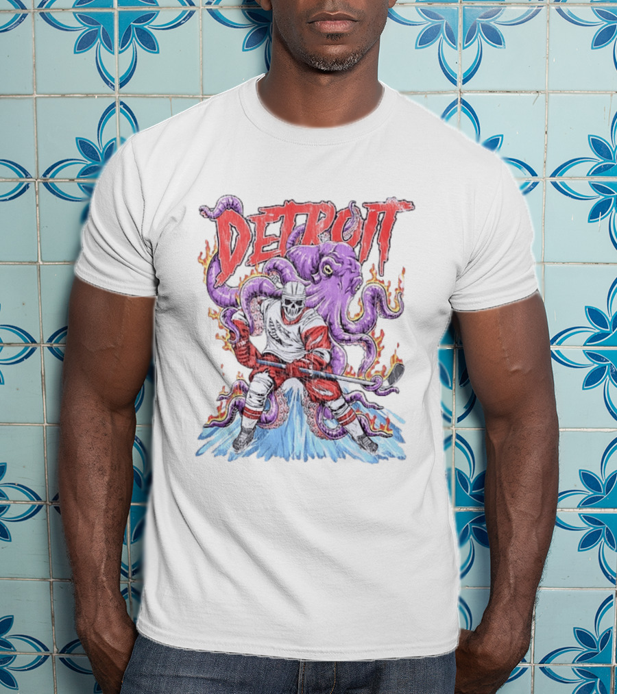 Detroit Red Wings Skeleton Hockey Octopus Distressed T-Shirt