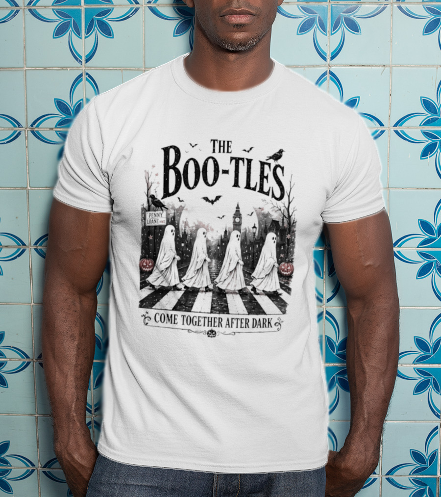 The Boo Tles Come Together After Dark Halloween Ghostly Abbey Road Bats Pumpkins T-Shirt