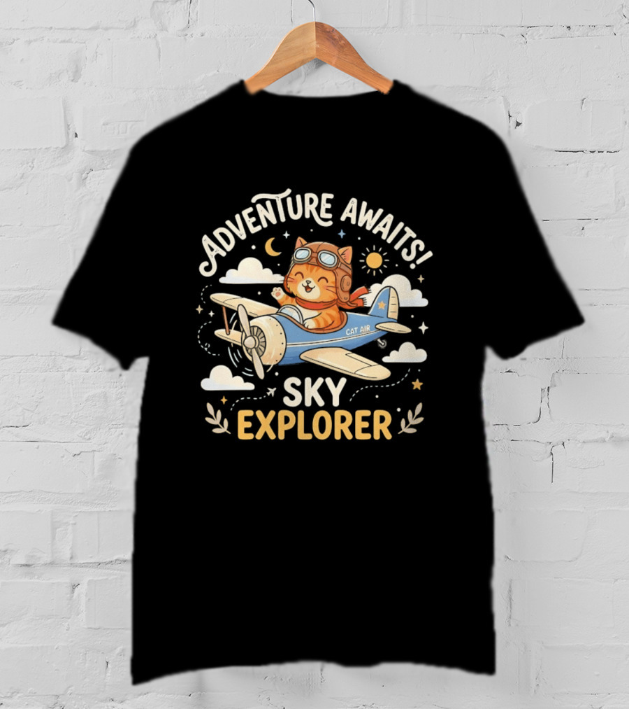 Adventure Awaits Cat Sky Explorer Airplane T-Shirt