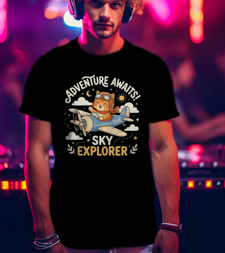 Adventure Awaits Cat Sky Explorer Airplane T-Shirt