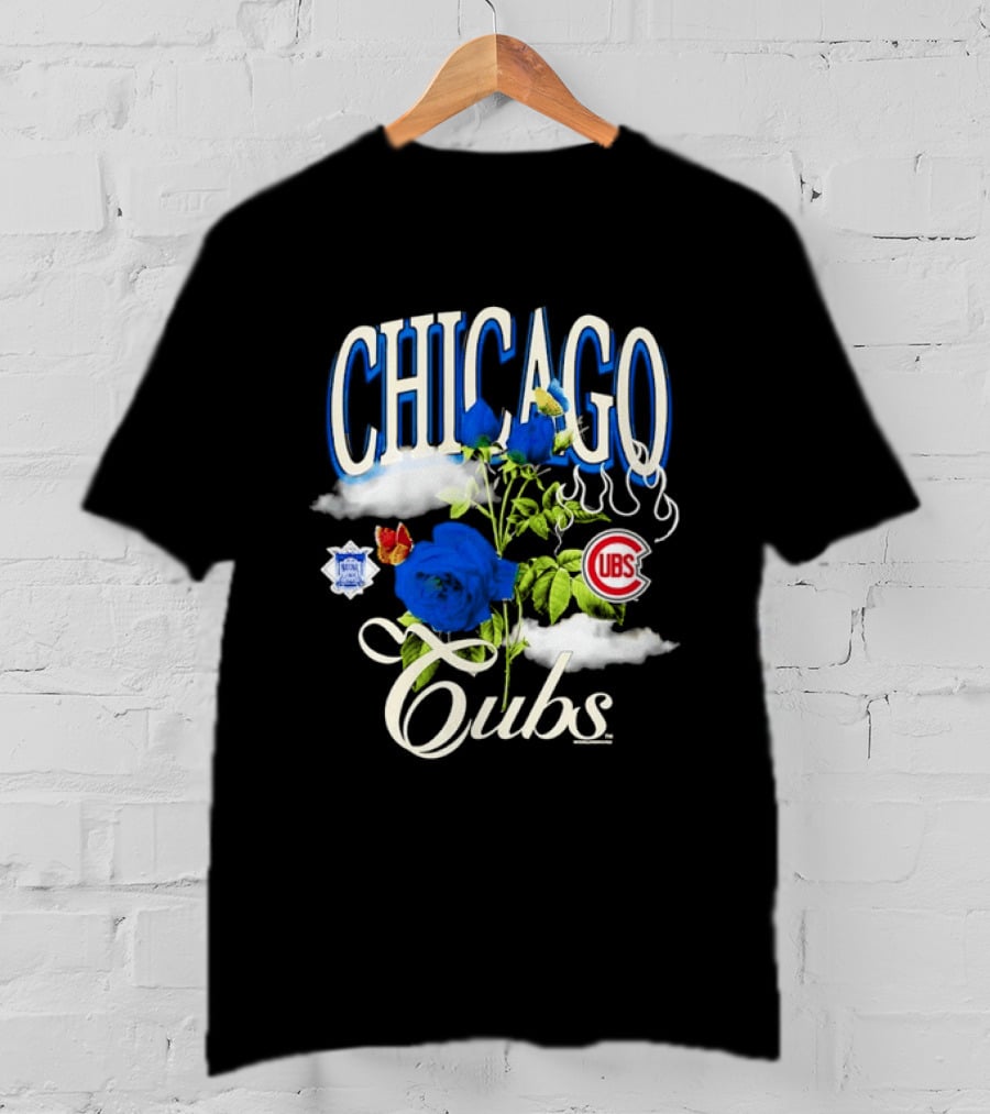 Chicago Cubs National League Blue Floral Rose Clouds T-Shirt
