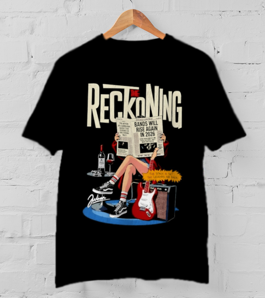 The Reckoning Bands Will Rise Again 2026 Woman Reading Newspaper Red Electric Guitar Amp T-Shirt