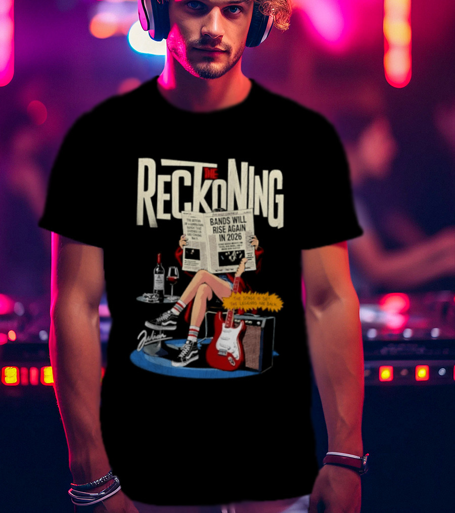 The Reckoning Bands Will Rise Again 2026 Woman Reading Newspaper Red Electric Guitar Amp T-Shirt