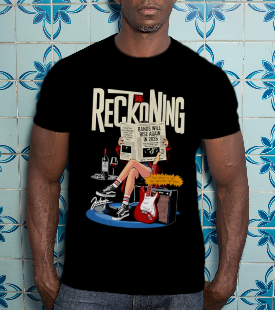The Reckoning Bands Will Rise Again 2026 Woman Reading Newspaper Red Electric Guitar Amp T-Shirt