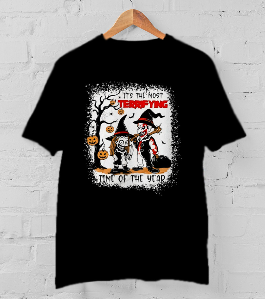 It's The Most Terrifying Time Of The Year Halloween Witch And Clown Axe Pumpkin T-Shirt
