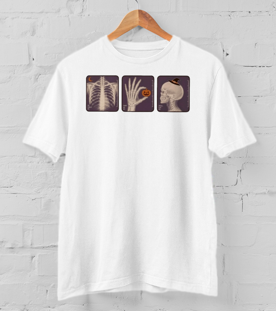 X Ray Skeleton Halloween Chest Hand Pumpkin Skull Witch Hat T-Shirt