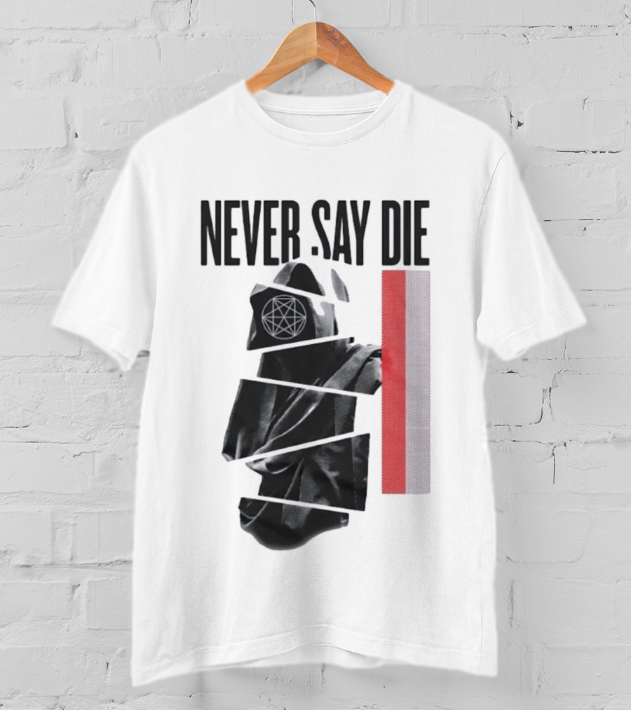Never Say Die Hooded Occult Figure With Pentagram Halftone T-Shirt
