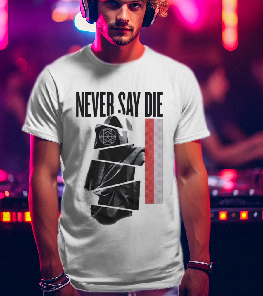Never Say Die Hooded Occult Figure With Pentagram Halftone T-Shirt