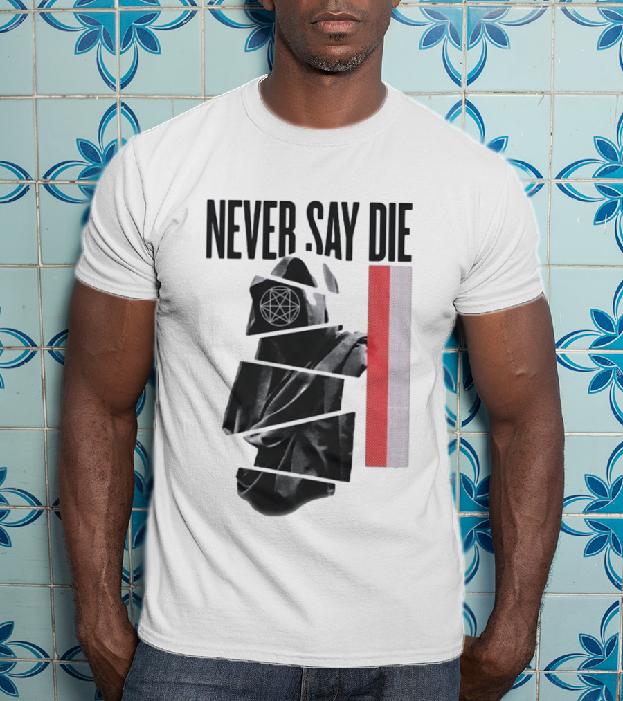 Never Say Die Hooded Occult Figure With Pentagram Halftone T-Shirt