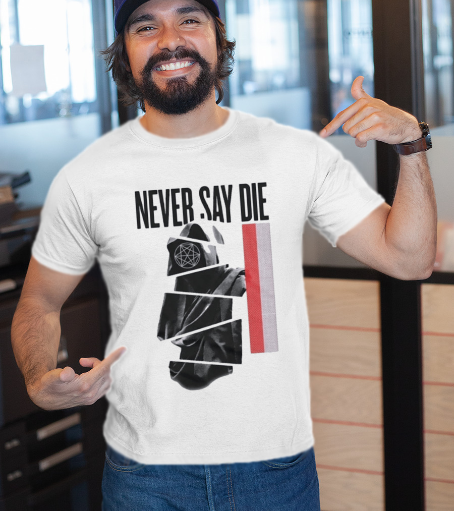 Never Say Die Hooded Occult Figure With Pentagram Halftone T-Shirt