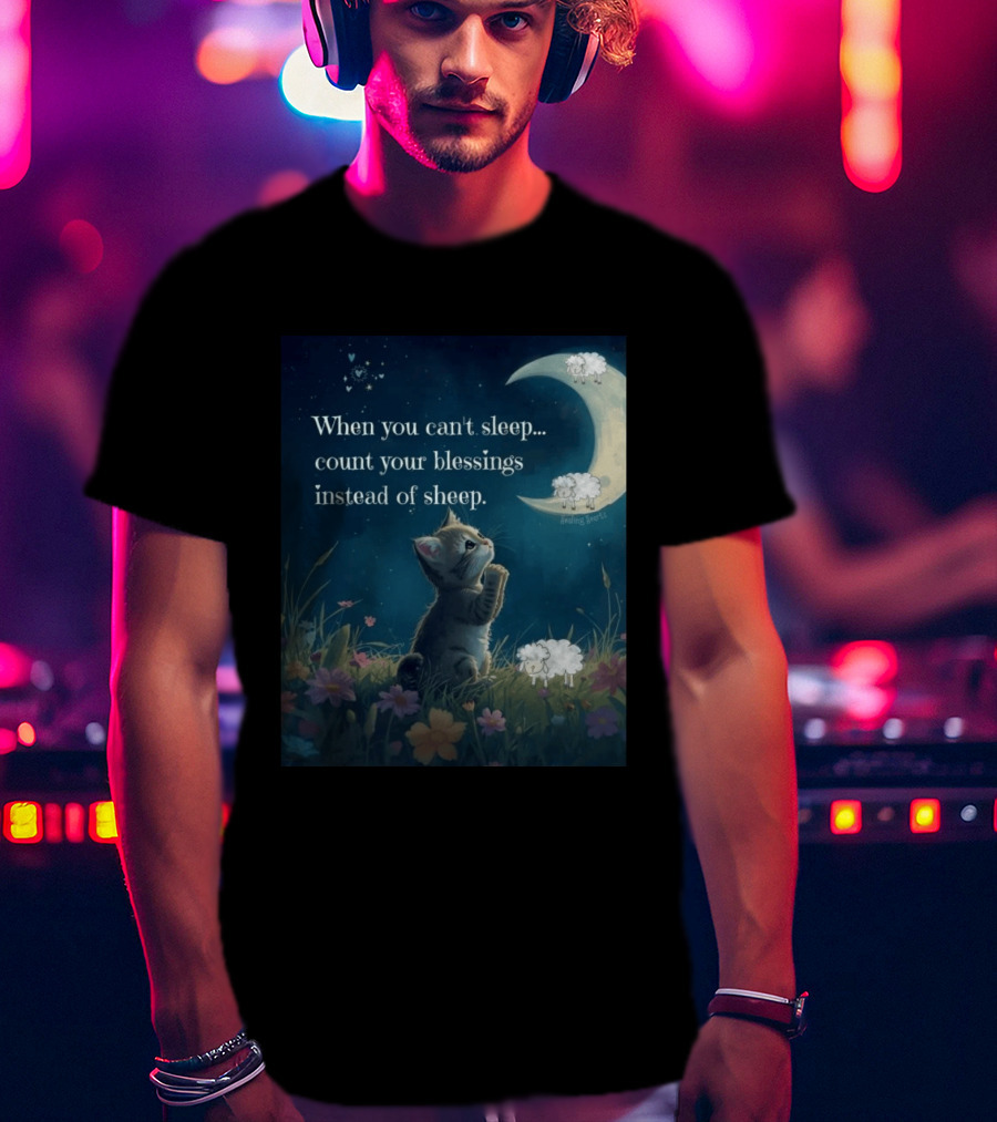 Cat When You Can't Sleep Count Your Blessings Instead Of Sheep Healing Vibes Moon Sheep Flowers T-Shirt