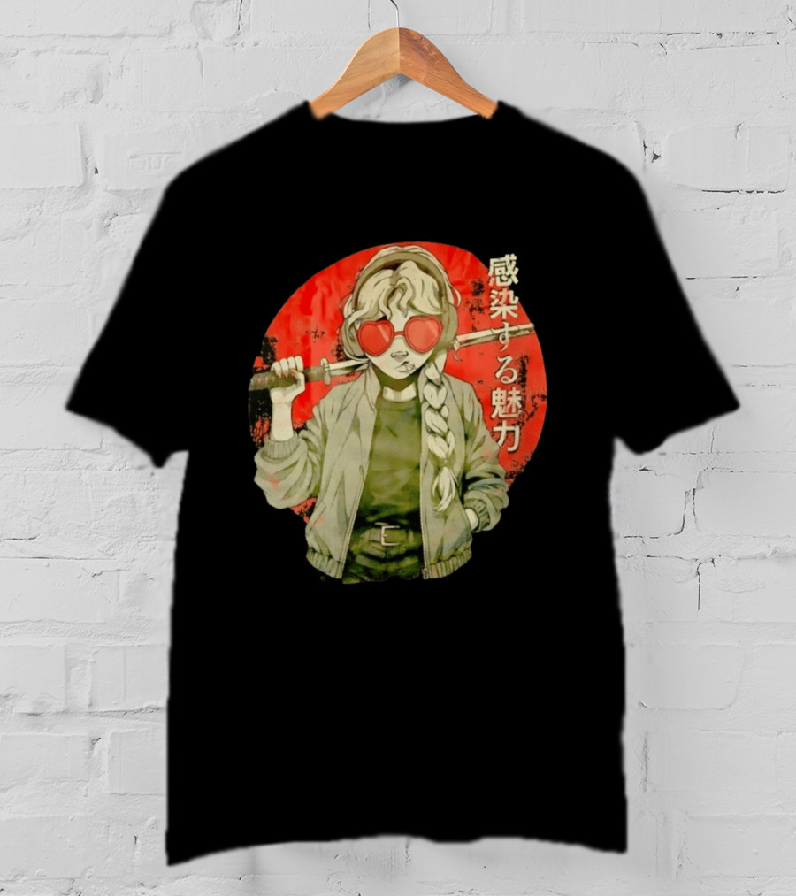 Anime Katana Girl Infectious Charm Heart Sunglasses Braided Hair T-Shirt