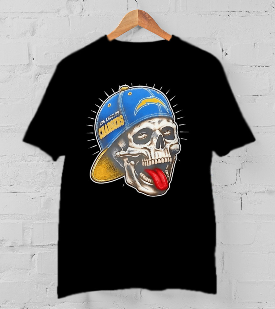 Los Angeles Chargers Skull Tongue Out Cap Football T-Shirt
