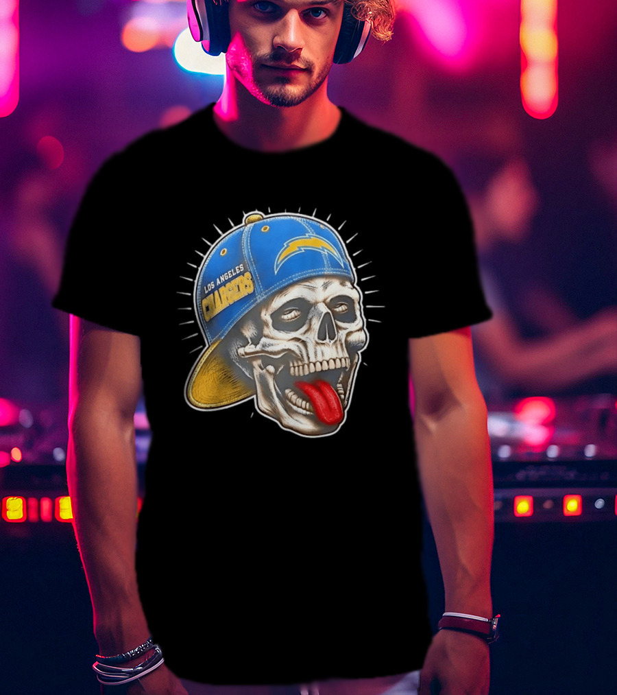 Los Angeles Chargers Skull Tongue Out Cap Football T-Shirt