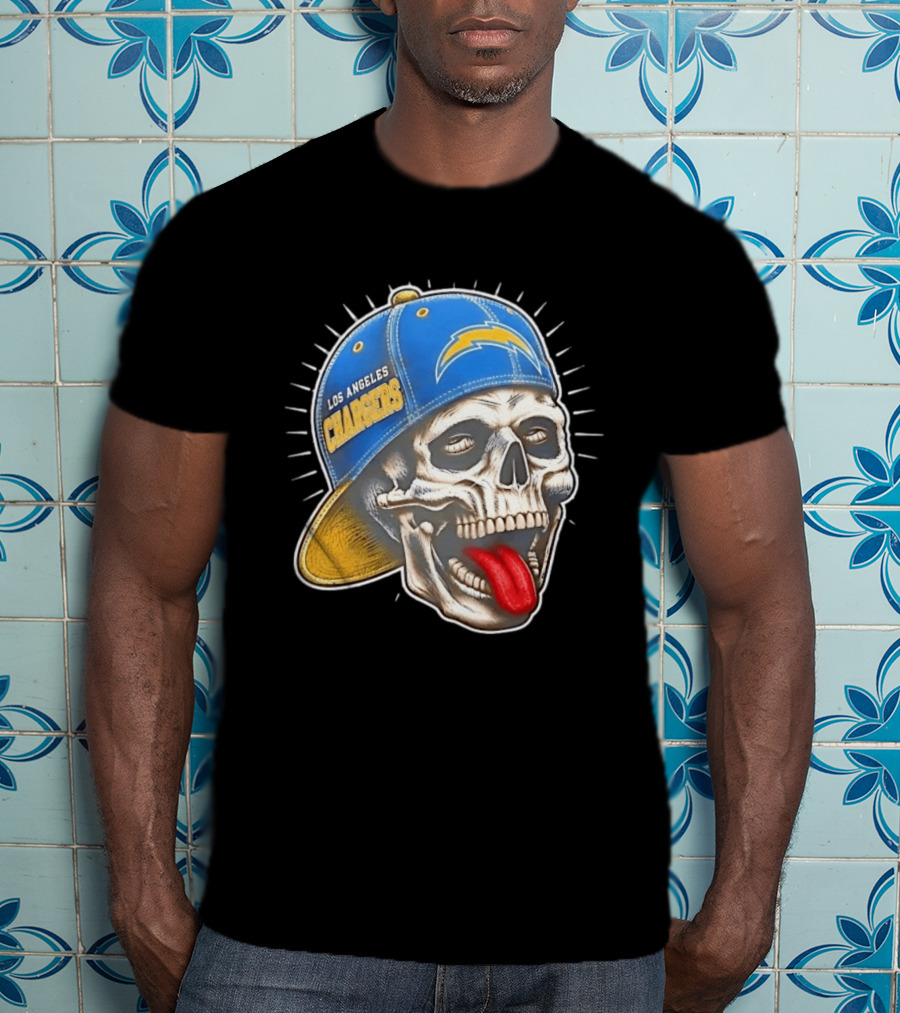 Los Angeles Chargers Skull Tongue Out Cap Football T-Shirt