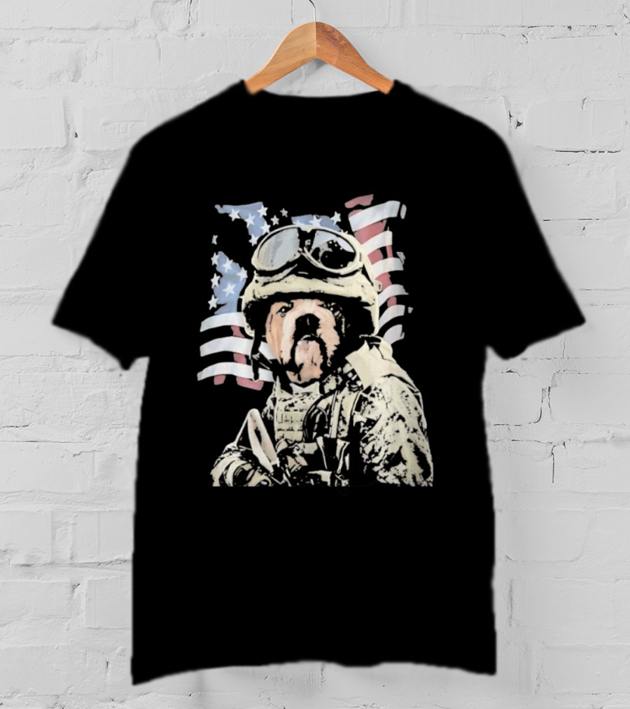American Bulldog Soldier With United States Flag Goggles And Military Gear T-Shirt